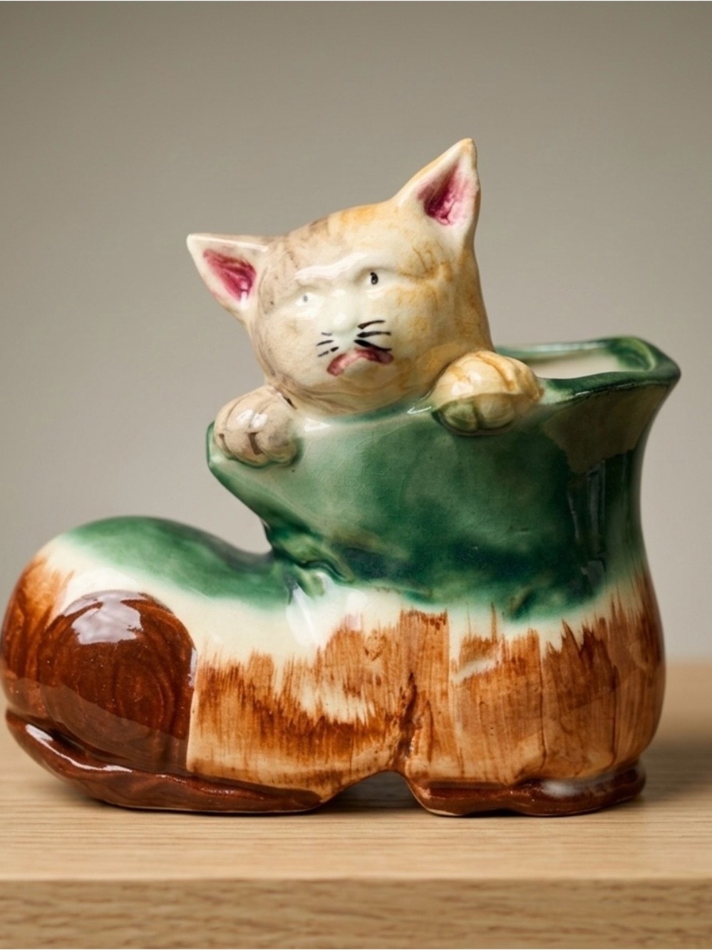Vintage Ceramic Cat Planter in Green, Brown and Cream